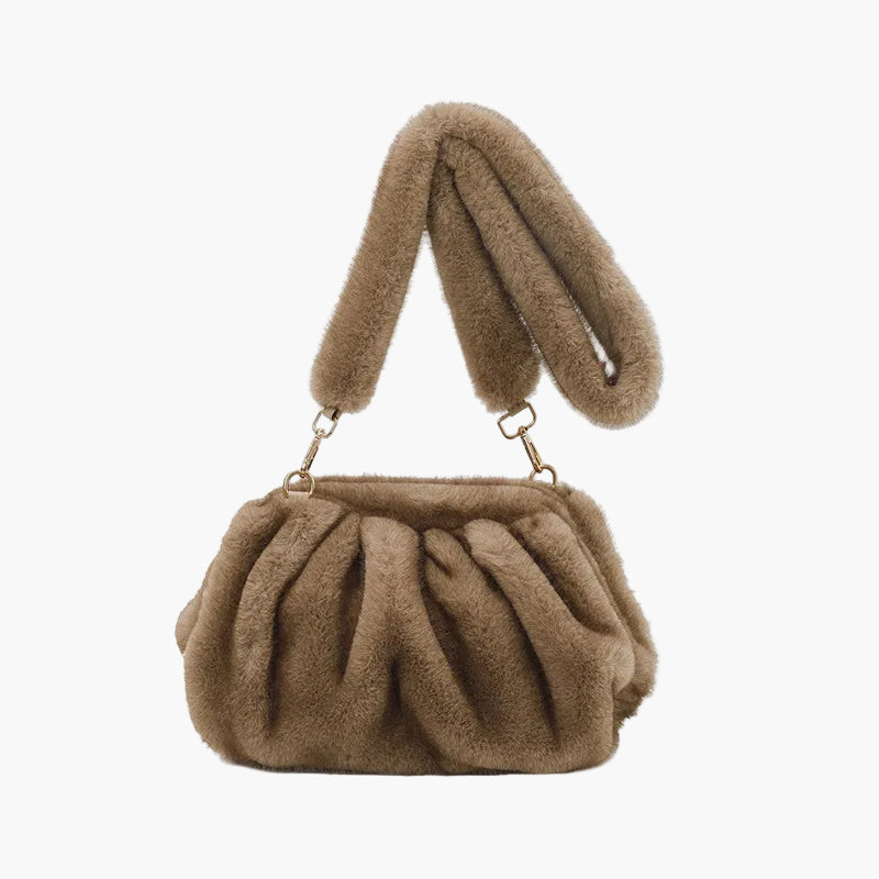 Brown fluffy handbag with bunny ears on a white background