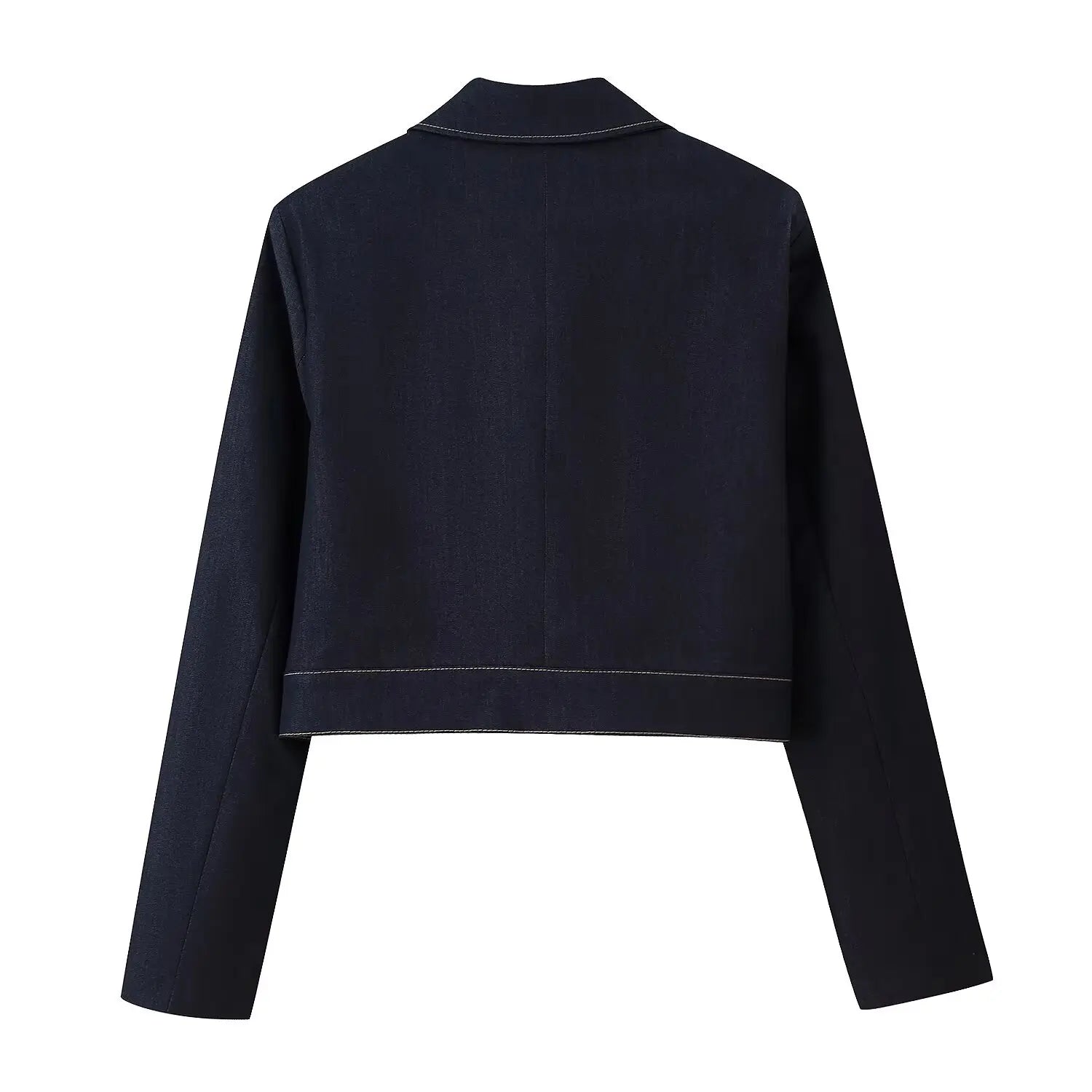 Back view of a dark blue jacket on a white background