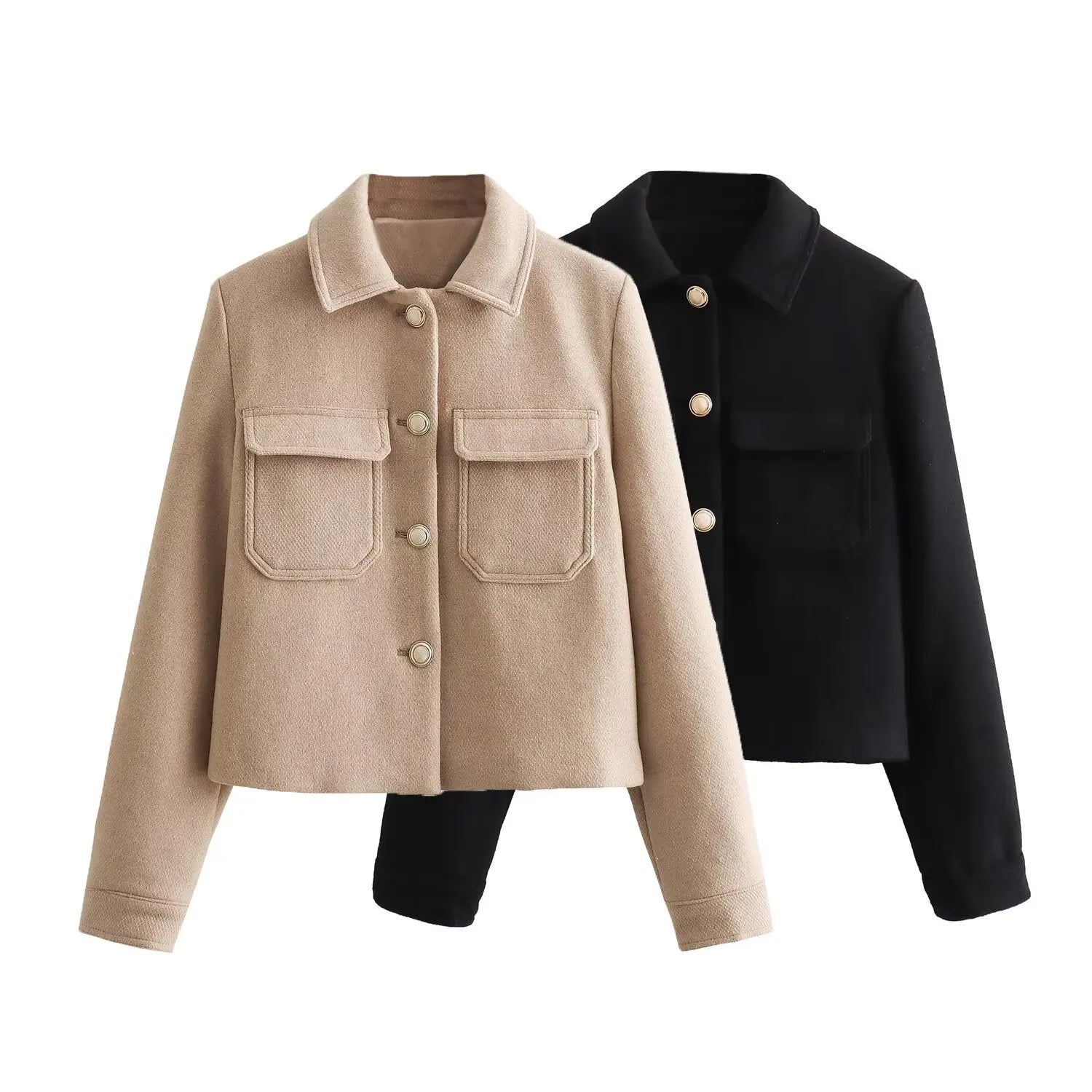 Beige and black jackets with button details on a white background