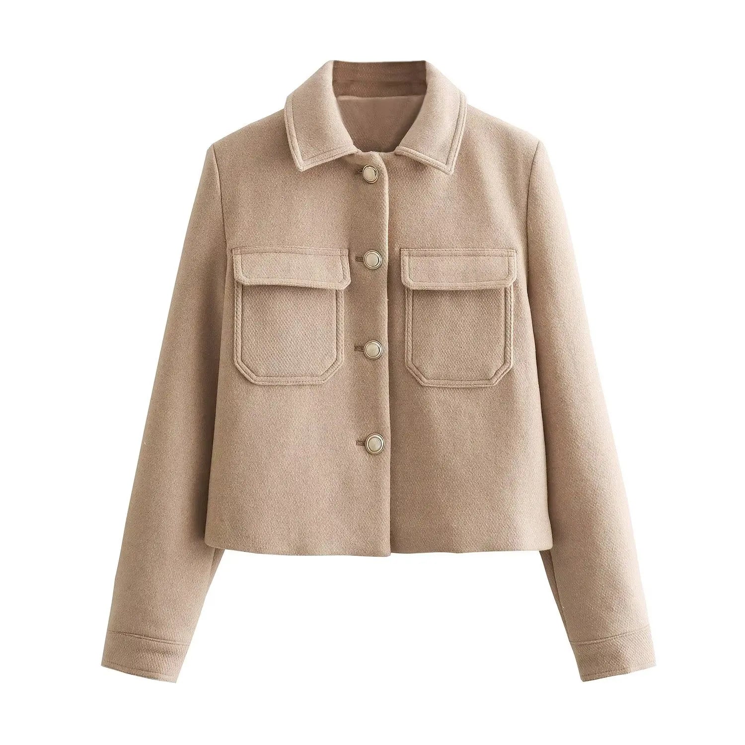 Beige jacket with button details on a white background