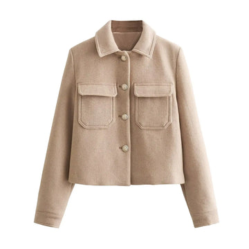 Beige jacket with button details on a white background