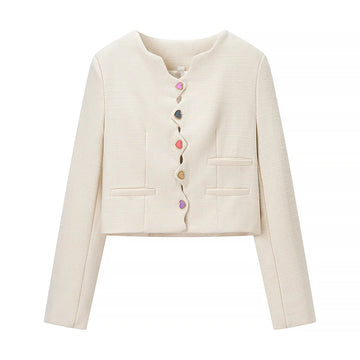 Beige jacket with colorful buttons on a white background