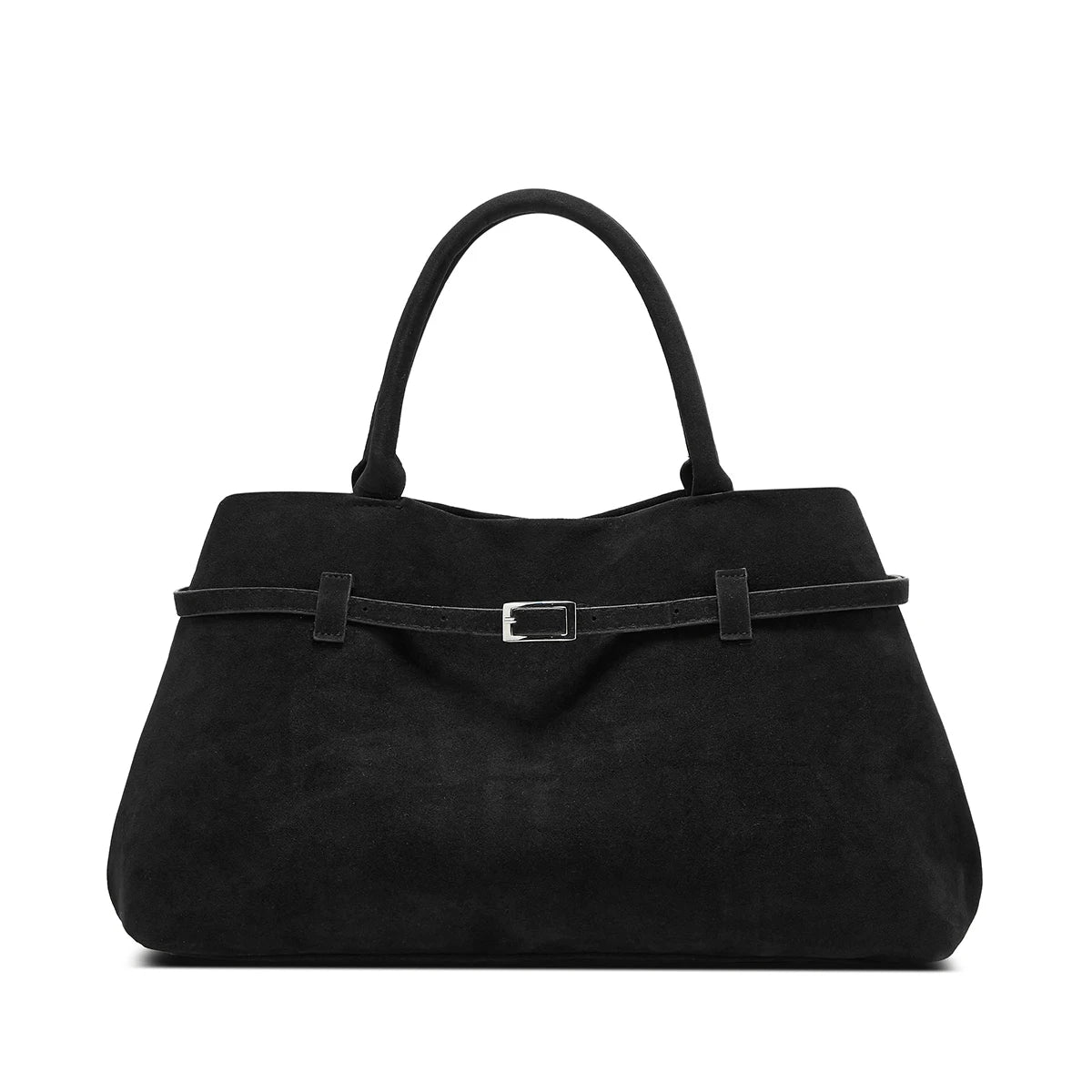 Black handbag with a strap on a white background