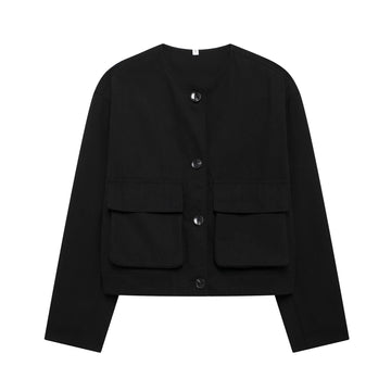 Black jacket with button details on a white background