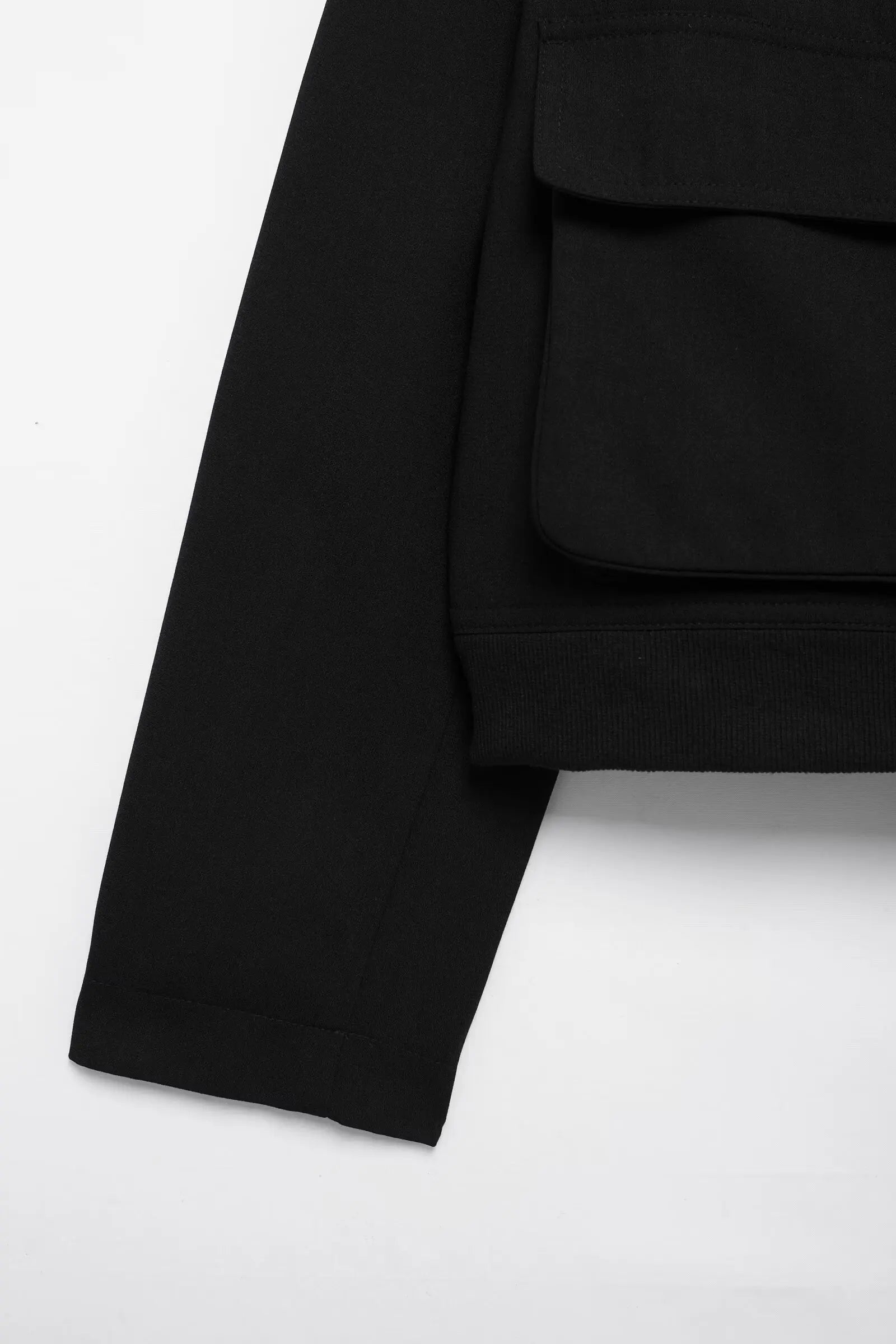 Close-up of a black jacket with a pocket on a white background