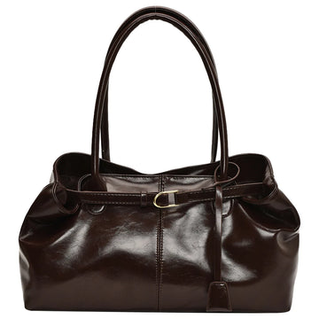 Brown leather handbag on a white background