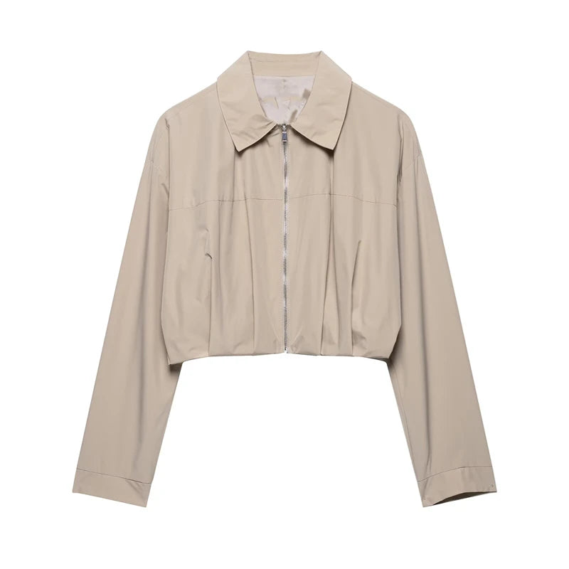 Model wearing Elegant Summer Pleated Jacket in beige