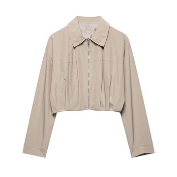 Model wearing Elegant Summer Pleated Jacket in beige