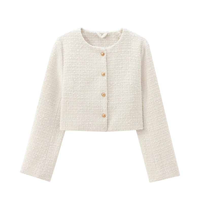 Light beige textured cardigan with buttons on a white background