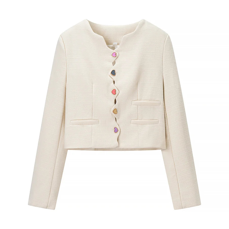 Beige jacket with colorful buttons on a white background