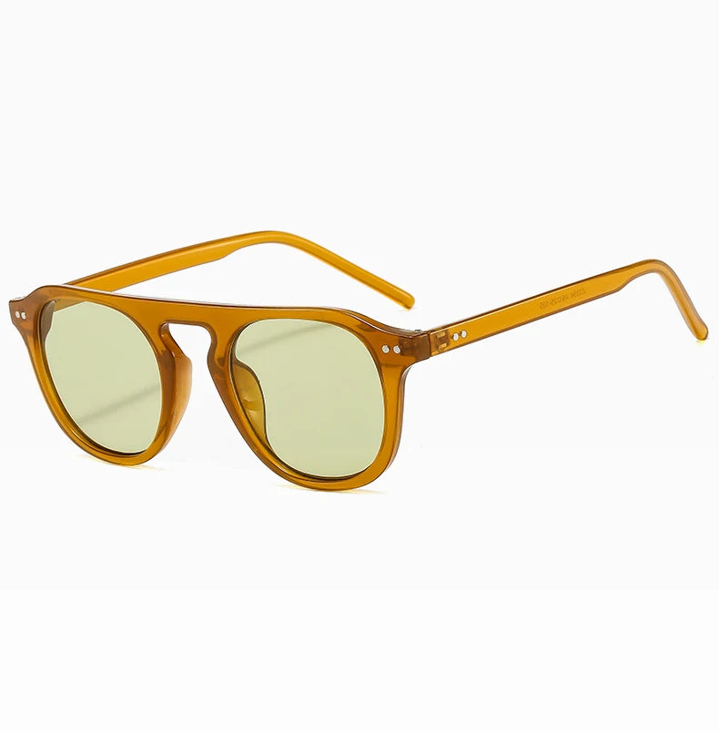 Steampunk Oval Rivet Shades – Retro Gothic Industrial Goggles
with Sunglasses with yellow frame and green lenses on a white background