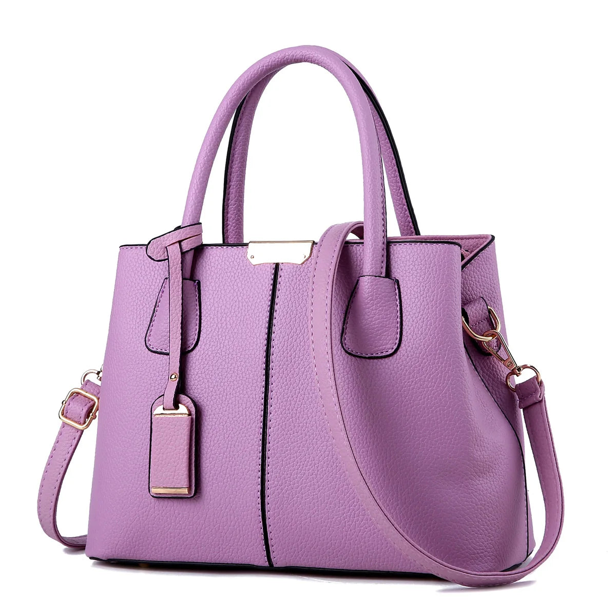 Elegant Everyday Leather Handbag in soft lavender color with stylish gold accents and dual handles.