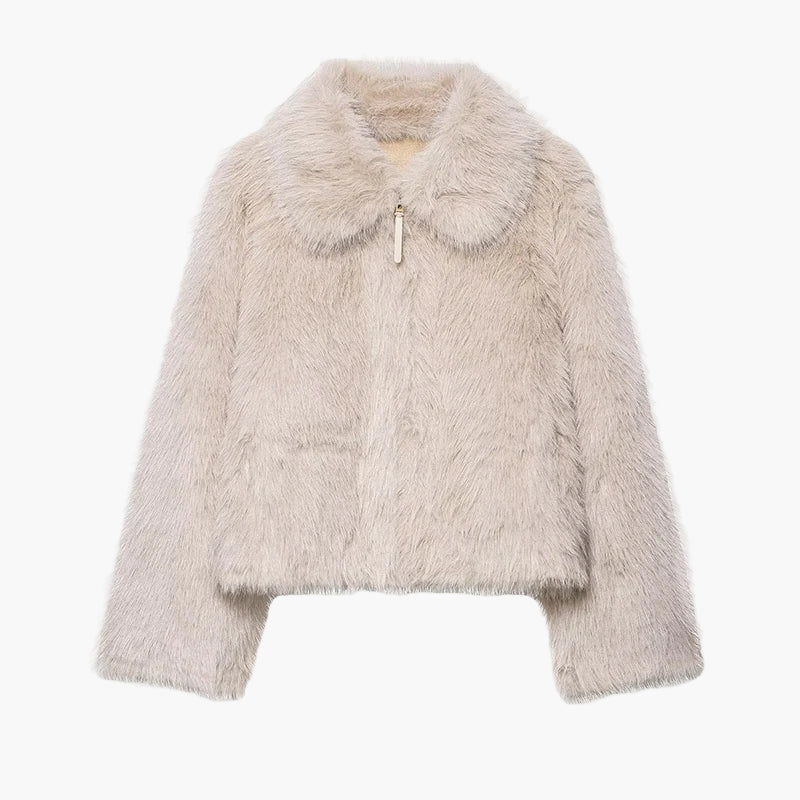 Beige faux fur jacket on a white background