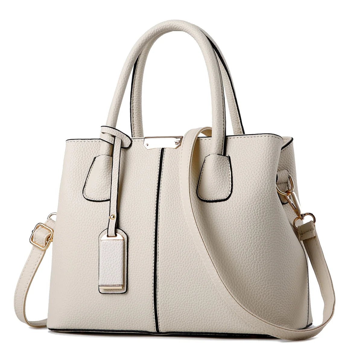 Elegant Everyday Leather Handbag in white with gold accents and detachable strap, showcasing timeless elegance.