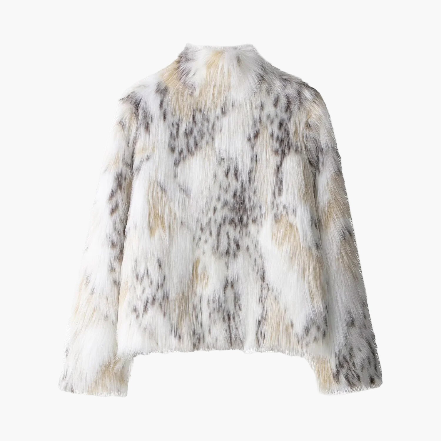 Faux fur jacket with a pattern of white, gray, and beige on a white background