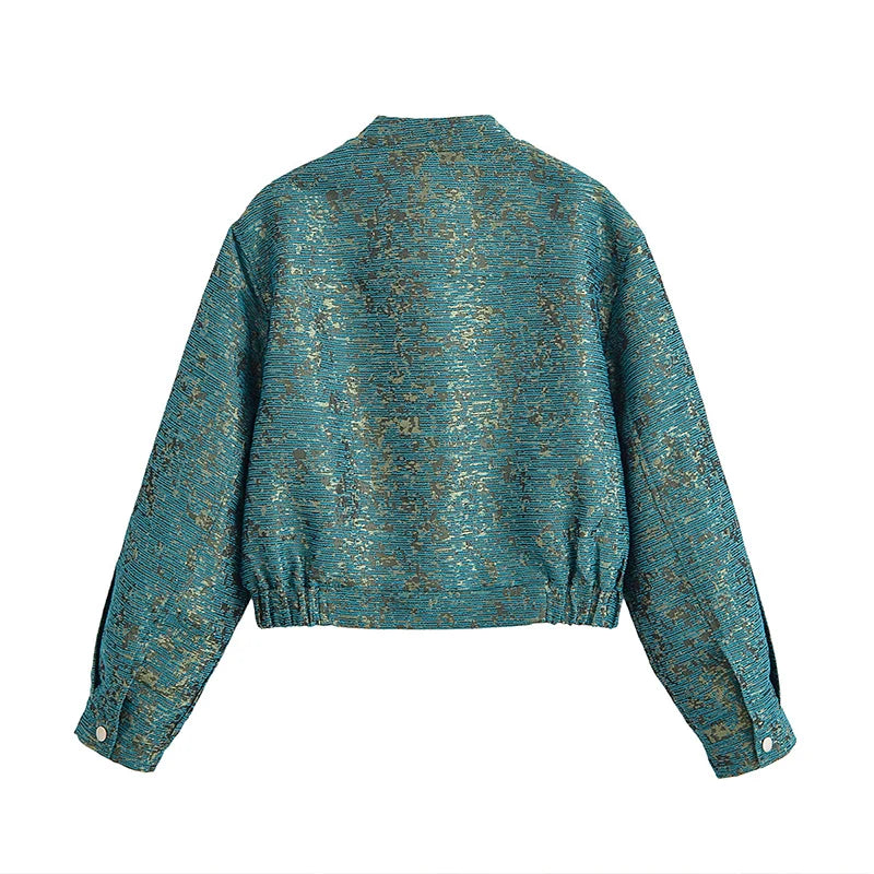 Teal patterned jacket on a white background