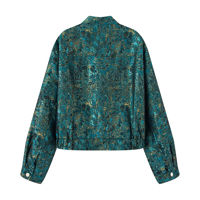 Teal patterned jacket on a white background
