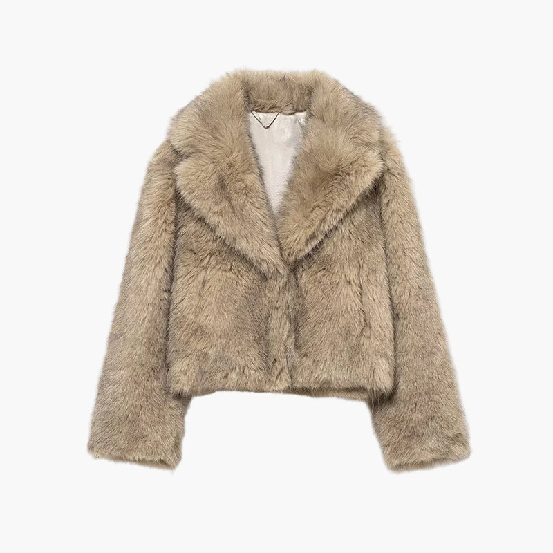 Beige faux fur jacket on a white background