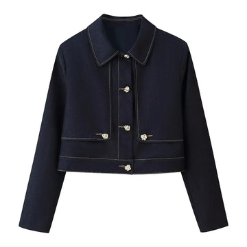 Navy blue jacket with white buttons on a white background
