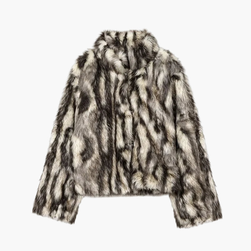 Faux fur jacket with a pattern on a white background