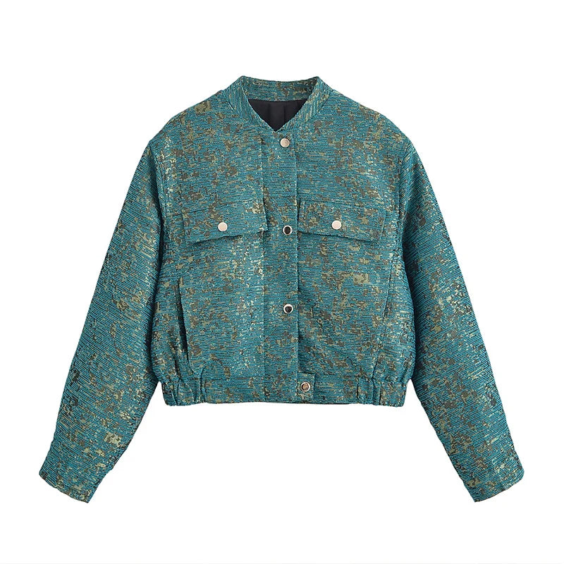 Teal patterned jacket on a white background