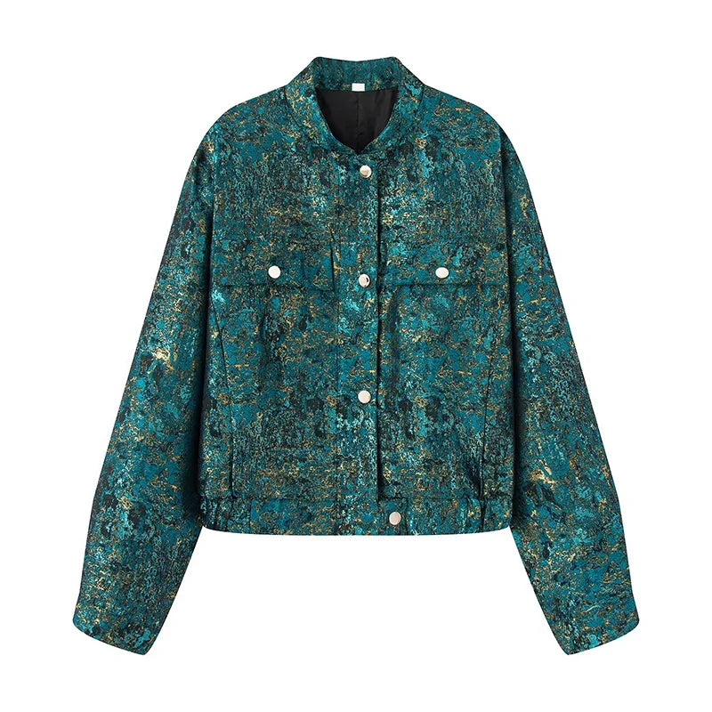 Teal patterned jacket on a white background