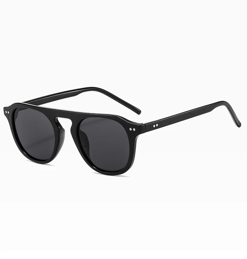 Steampunk Oval Rivet Shades – Retro Gothic Industrial Goggles and
 Black sunglasses with dark lenses on a white background
