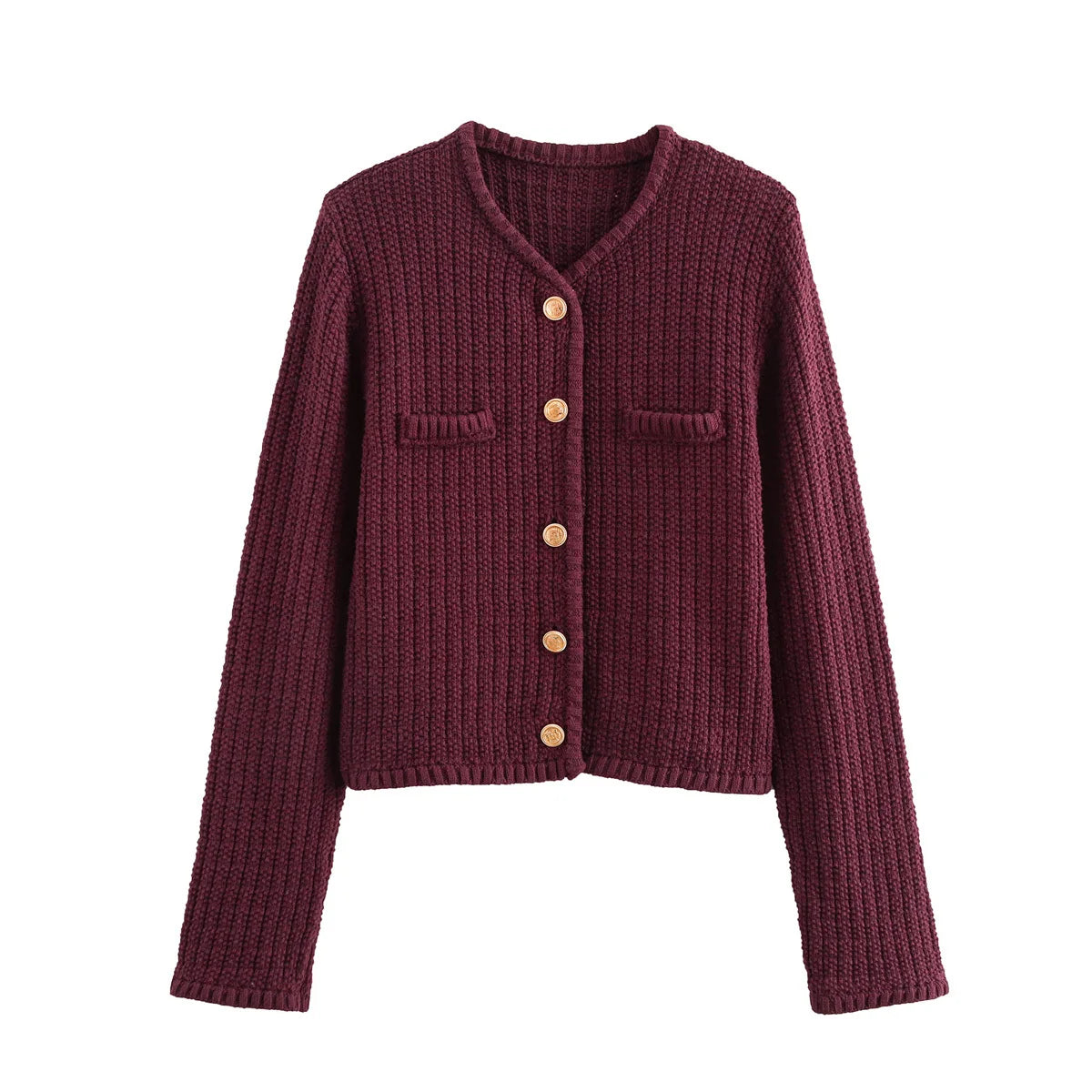 Maroon knitted cardigan with button details on a white background