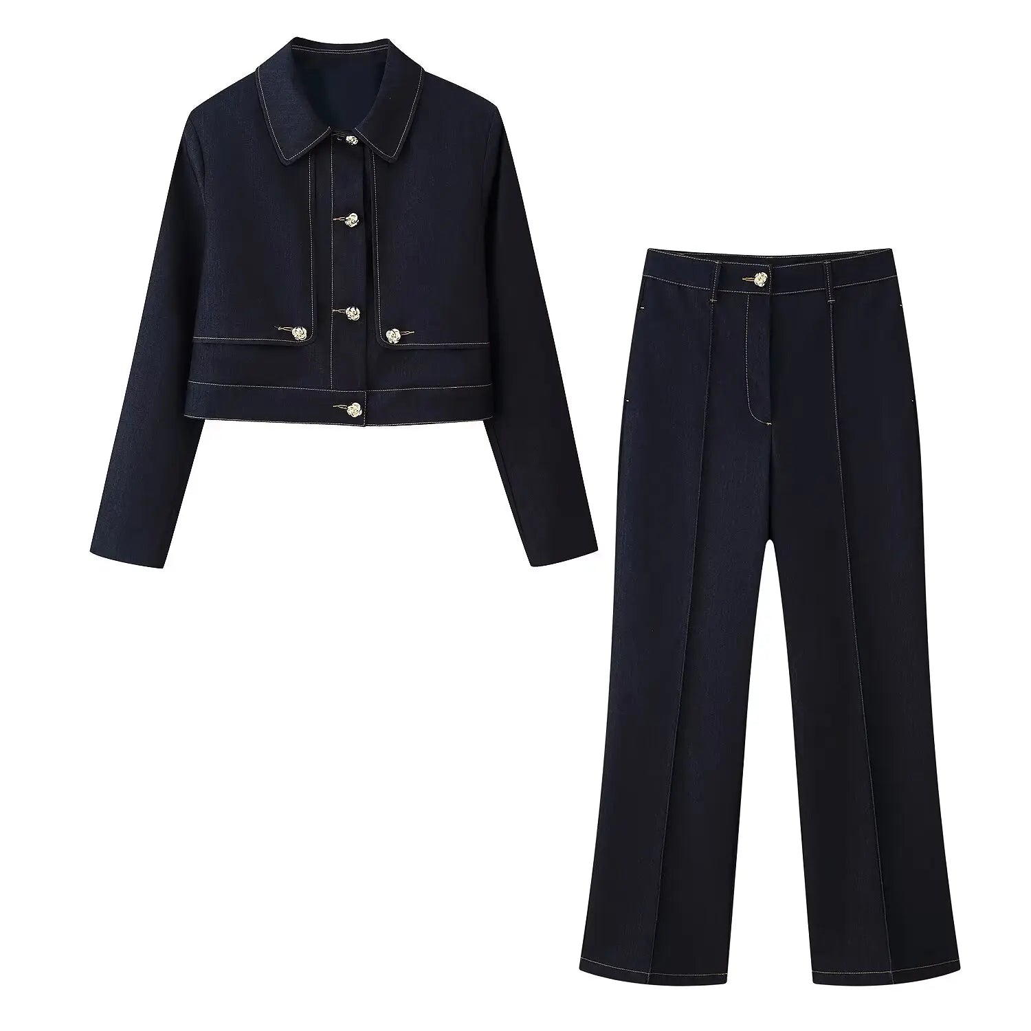 Navy blue jacket and pants set on a white background