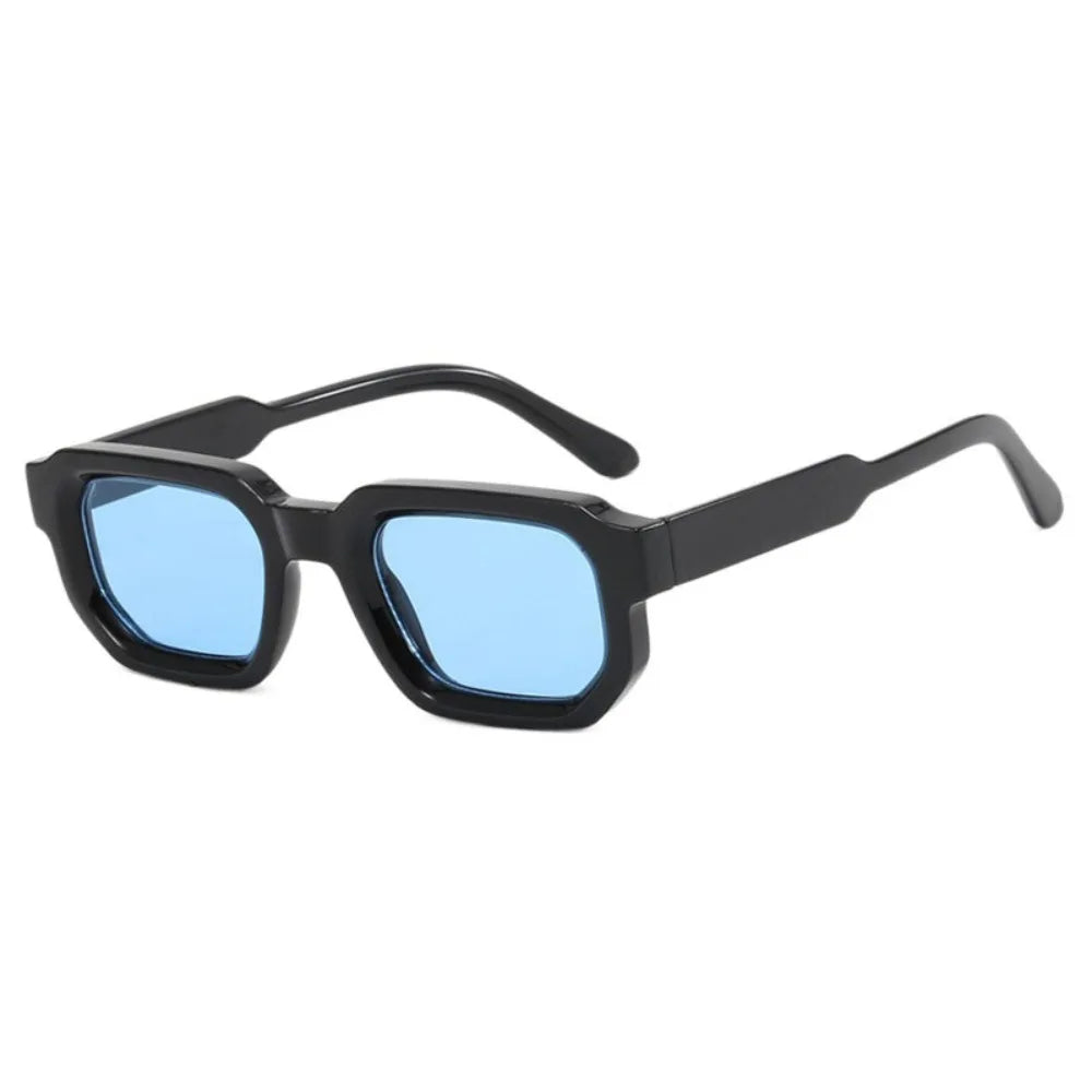 Black sunglasses with blue lenses on a white background, Leopard Punk Square Shades