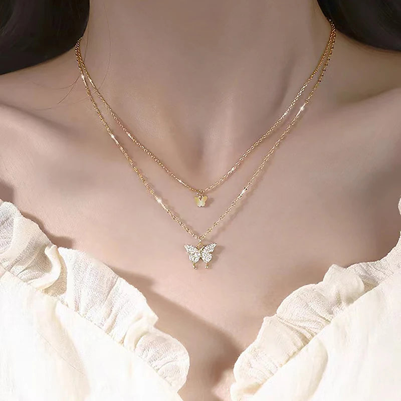 Close-up Double Layer Butterfly Necklace Gold Plated Hoop Earrings