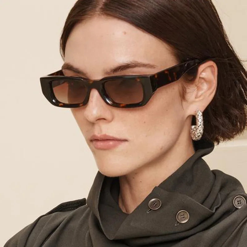 Model wearing Vintage Rectangle Classic Shades in tortoise