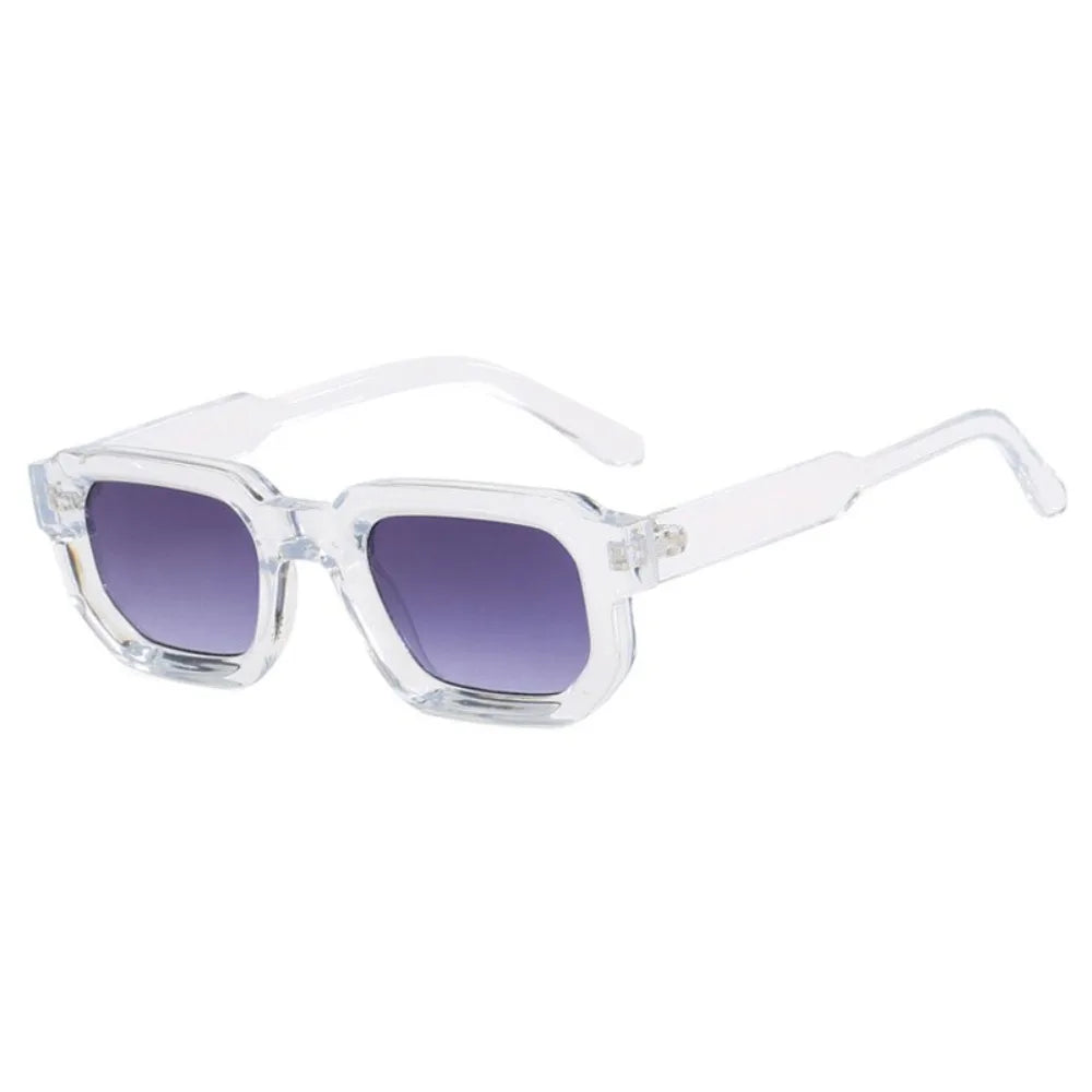 Clear frame sunglasses with purple lenses on a white background with Leopard Punk Square Shades
