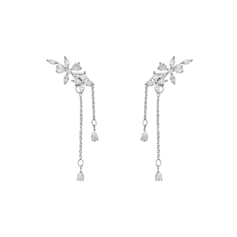 Silver Tassel Flower Earrings with elegant design and dangling chains for added sparkle.