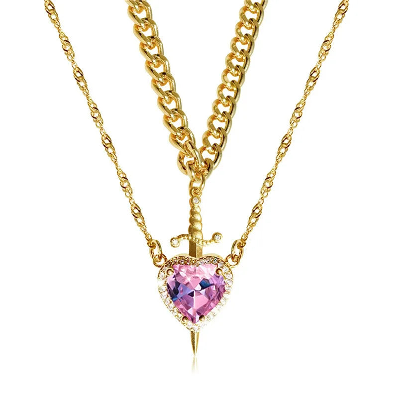 Heart & Sword Couple Necklaces with Double Layer Butterfly Necklace.