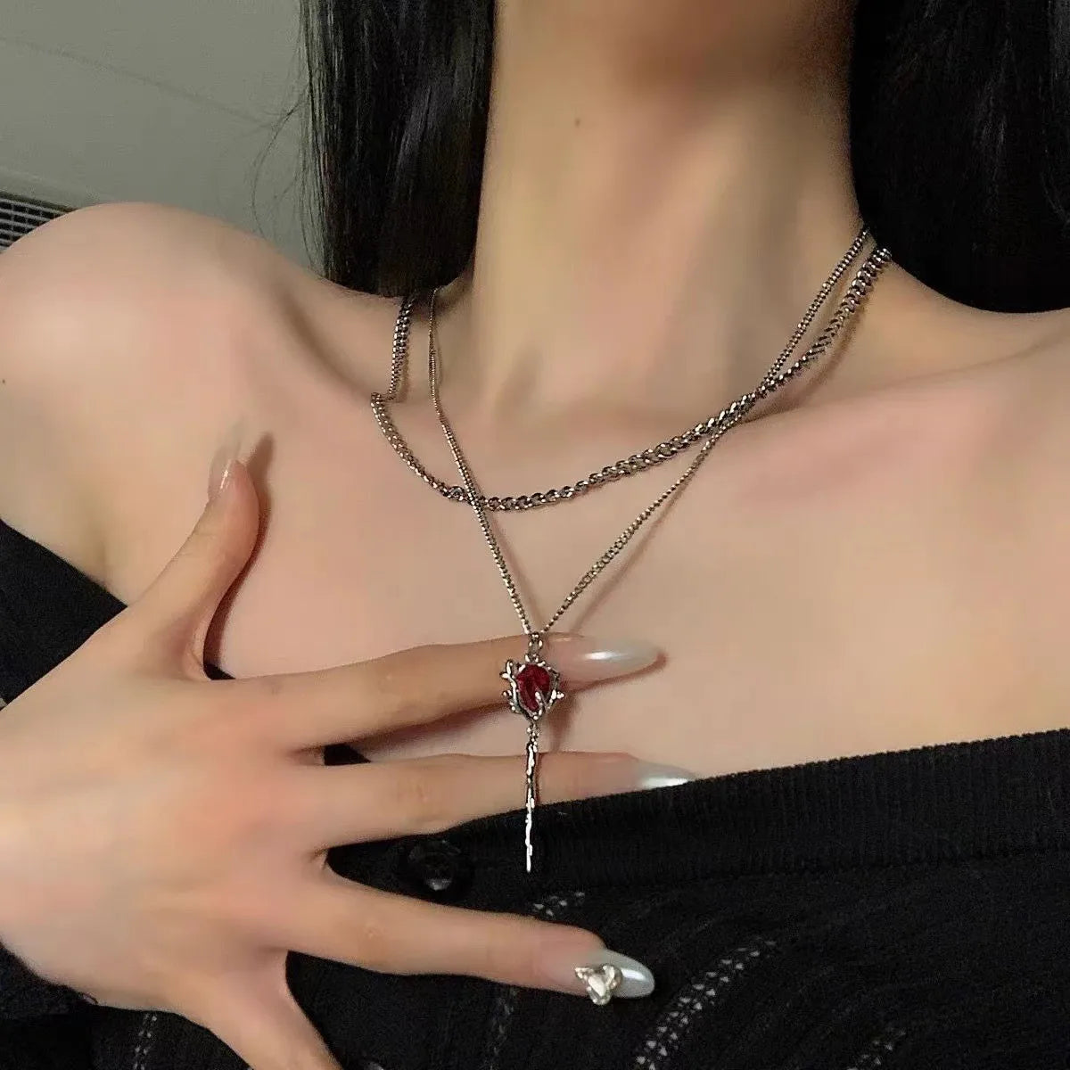 Model wearing Y2K Red Heart Necklace