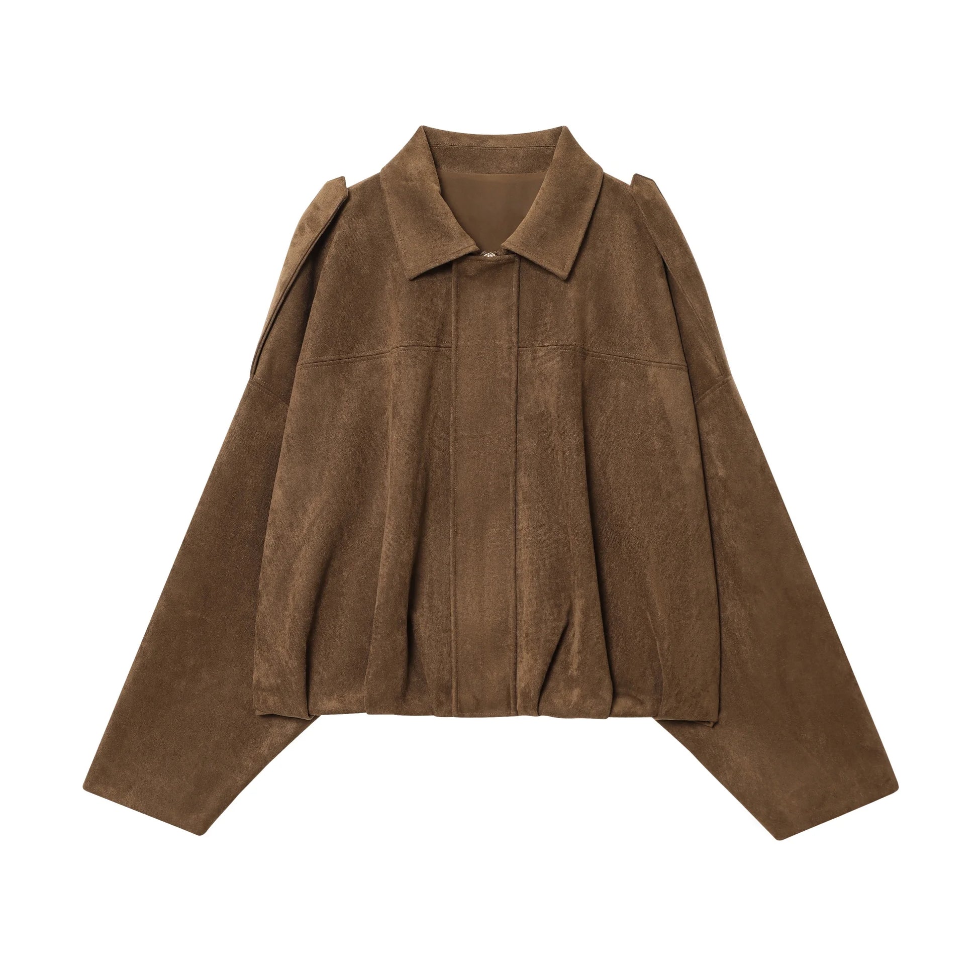 Back view of Suede Cropped Bomber Jacket on model