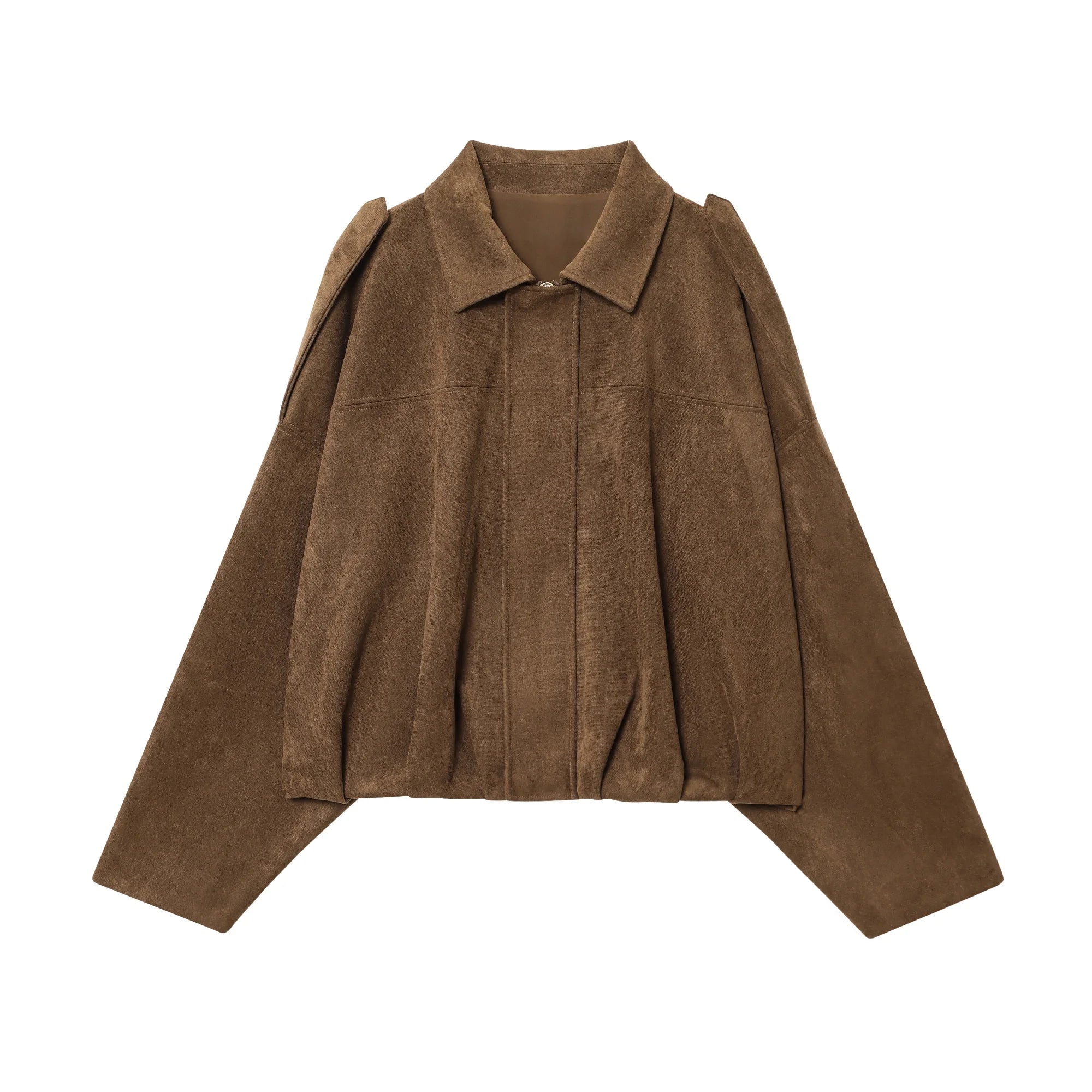 Back view of Suede Cropped Bomber Jacket on model