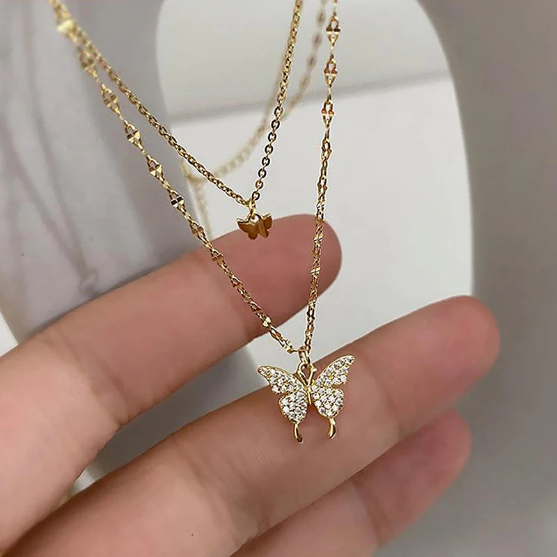 Woman wearing Double Layer Butterfly Necklace with casual outfit
