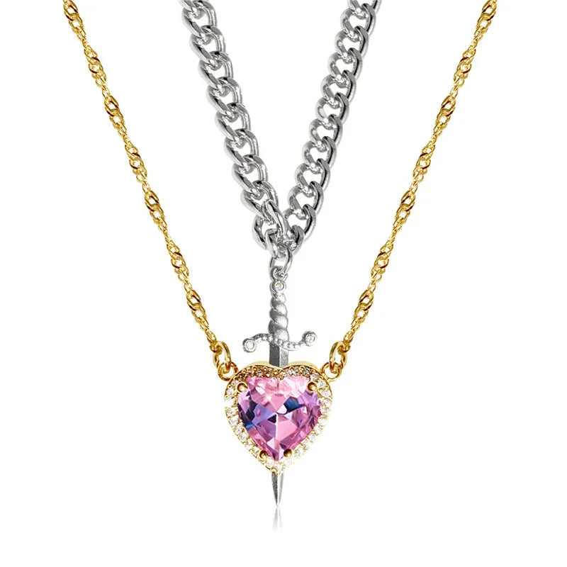 Elegant gold pendant necklace displayed on Heart & Sword Couple Necklaces.