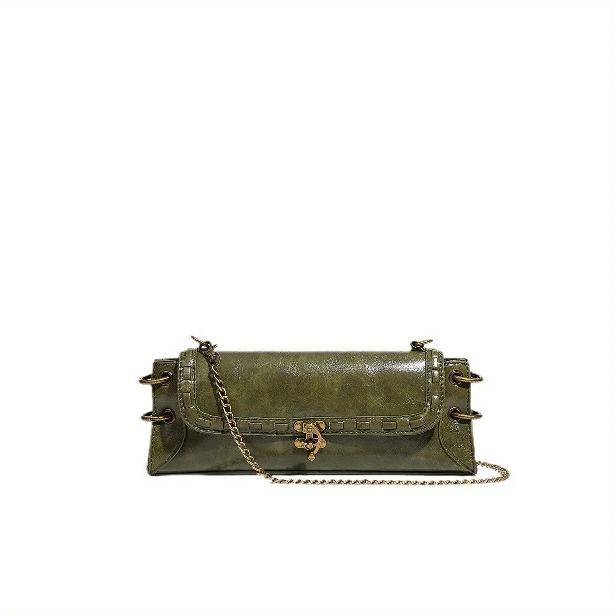 Green leather handbag with gold chain on a white background
