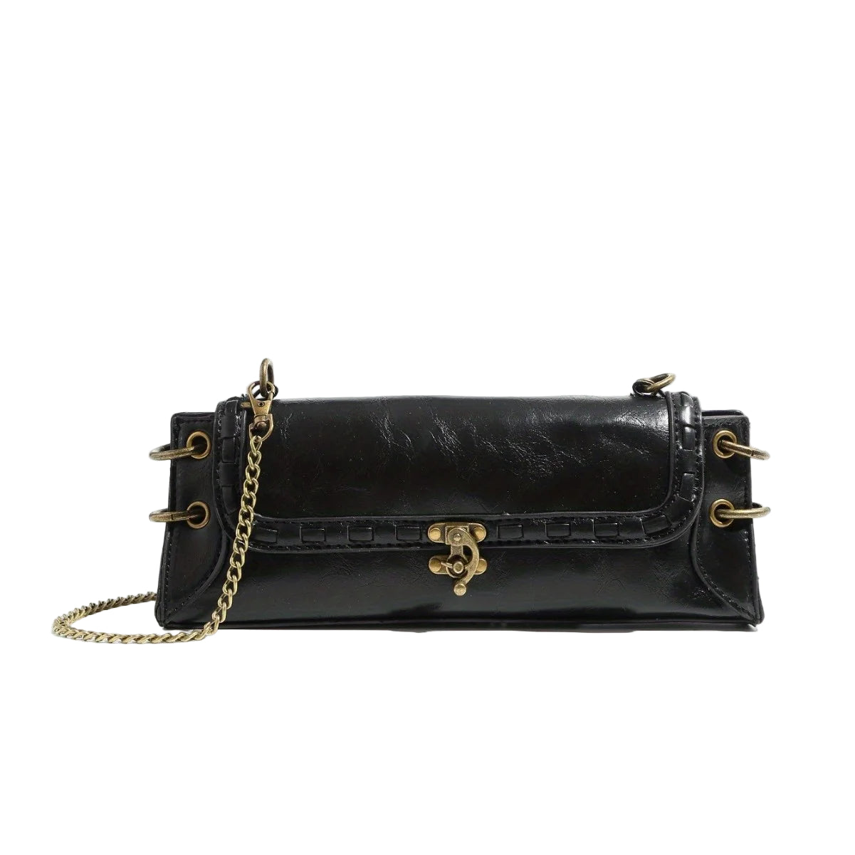 Black handbag with gold chain and clasp on a light gray background