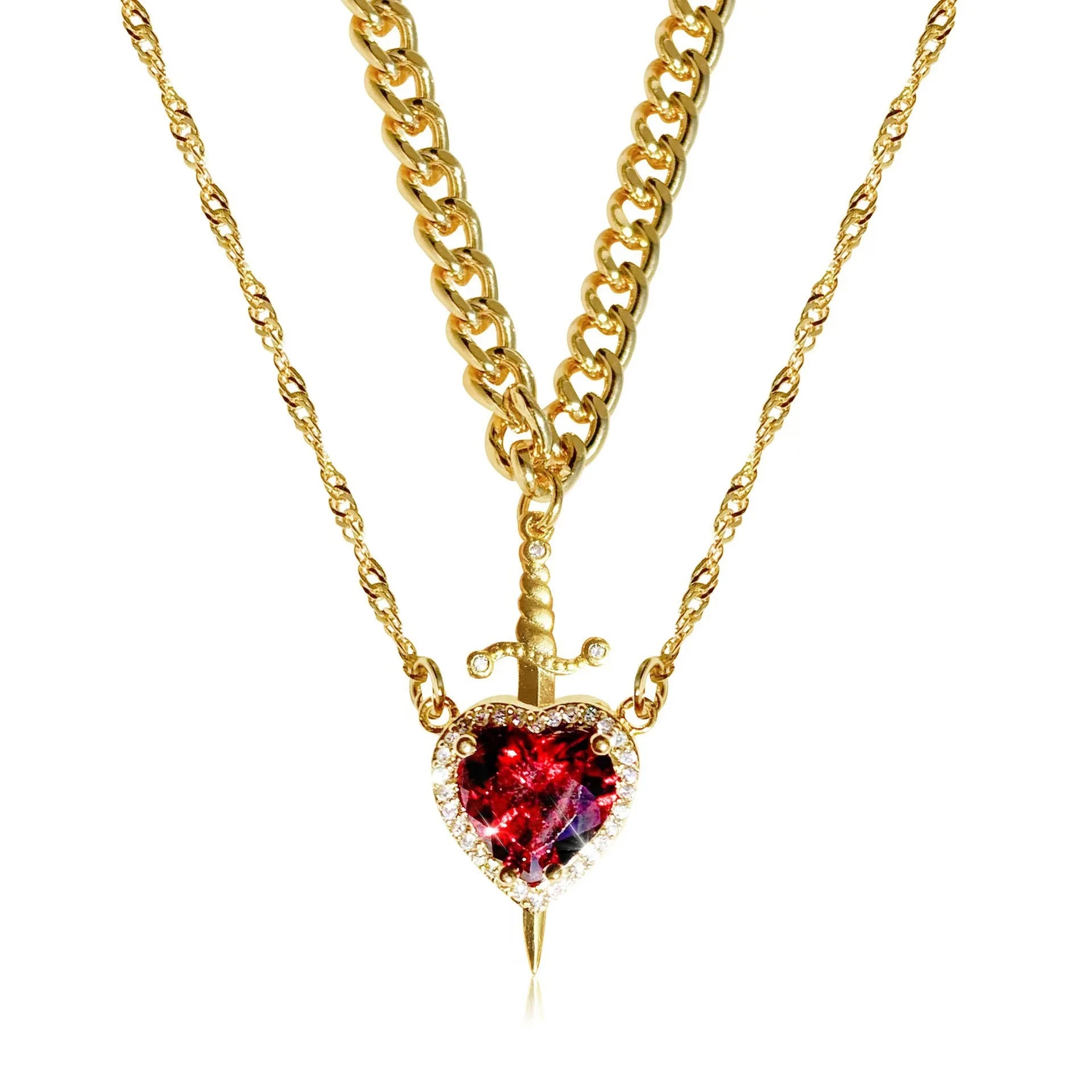Heart & Sword Couple Necklaces with Double Layer Butterfly Necklace.