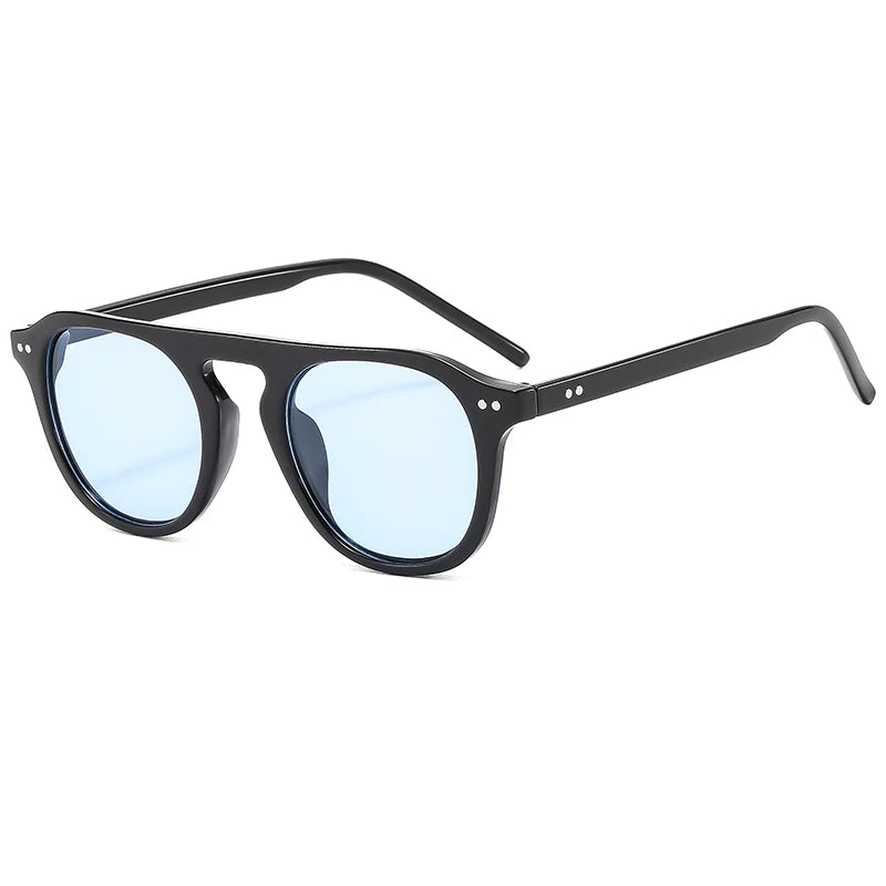 Black-framed sunglasses with blue lenses on Steampunk Oval Rivet Shades – Retro Gothic Industrial Goggles

