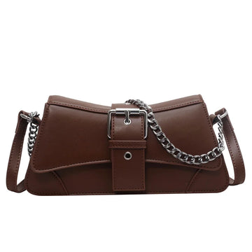 Brown handbag with a chain detail on a white background