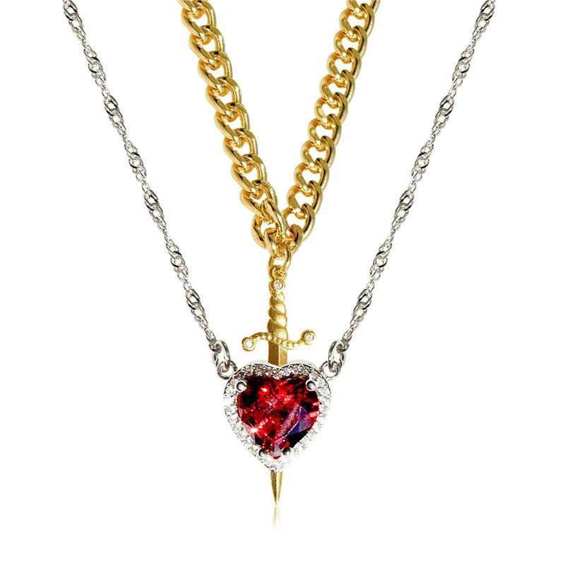 Heart & Sword Couple Necklaces. Elegant silver chain necklace with a teardrop crystal pendant, 