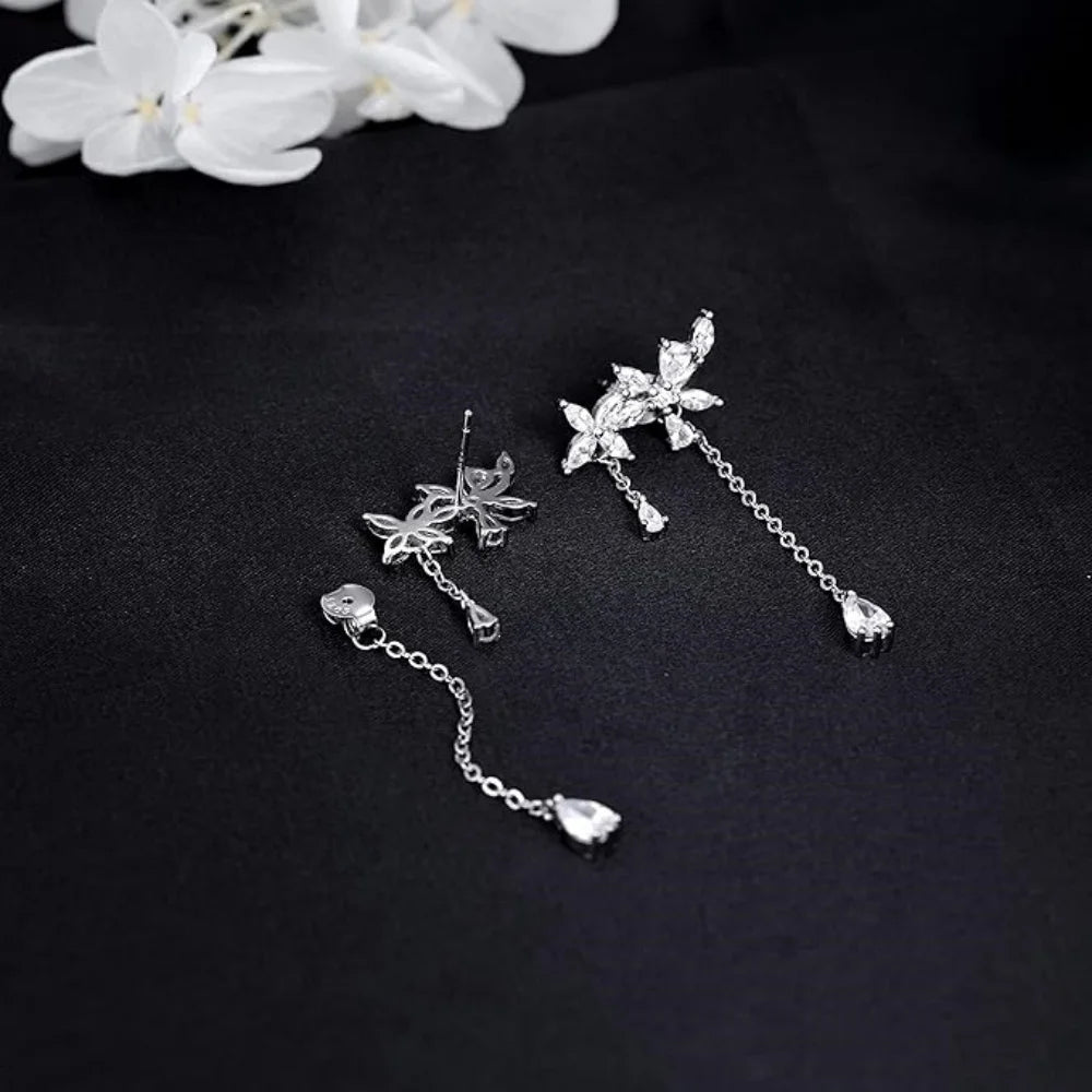 Elegant silver tassel flower earrings featuring delicate floral designs and shimmering chains.