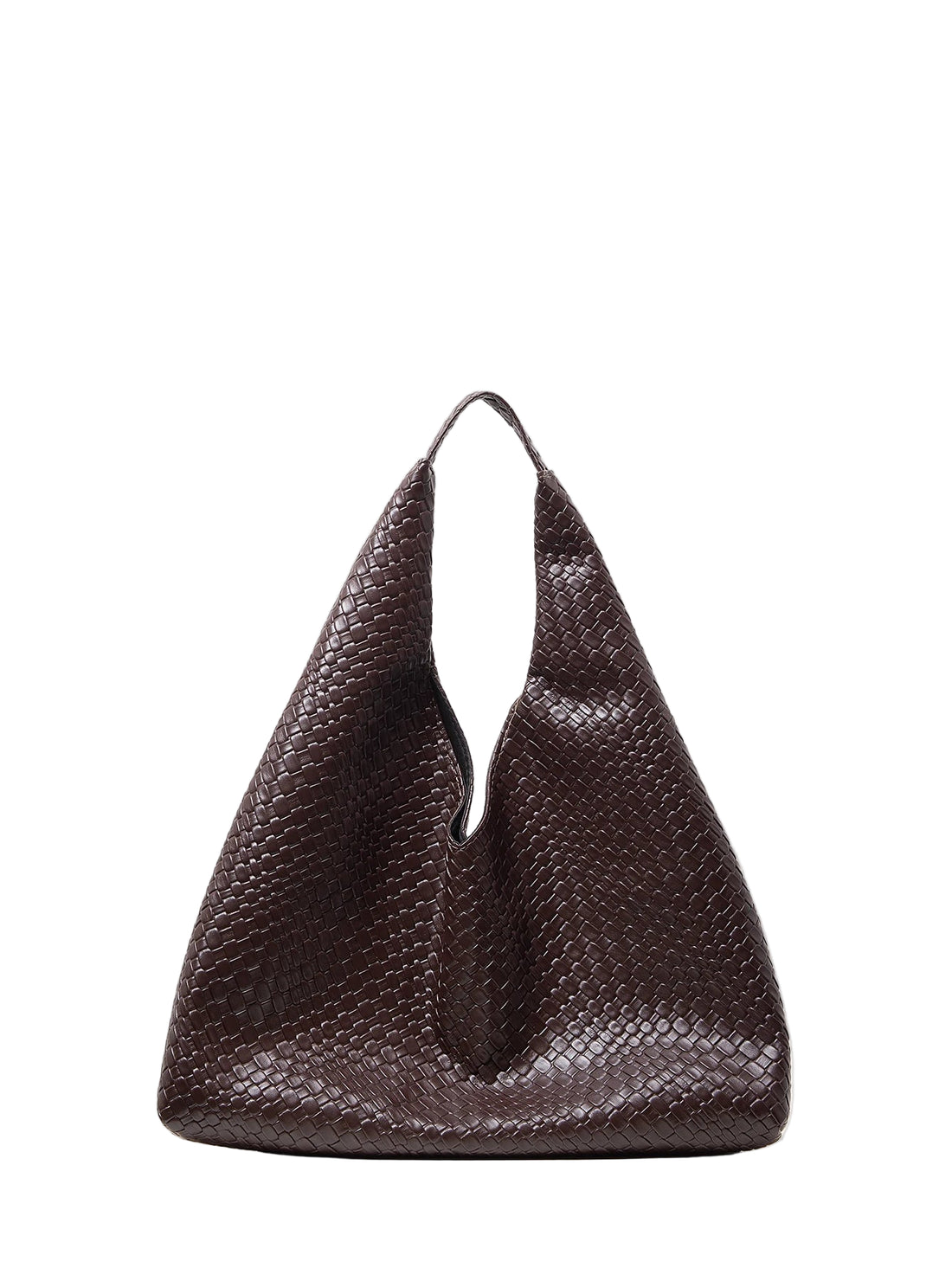 Model holding minimalist retro shoulder tote in beige