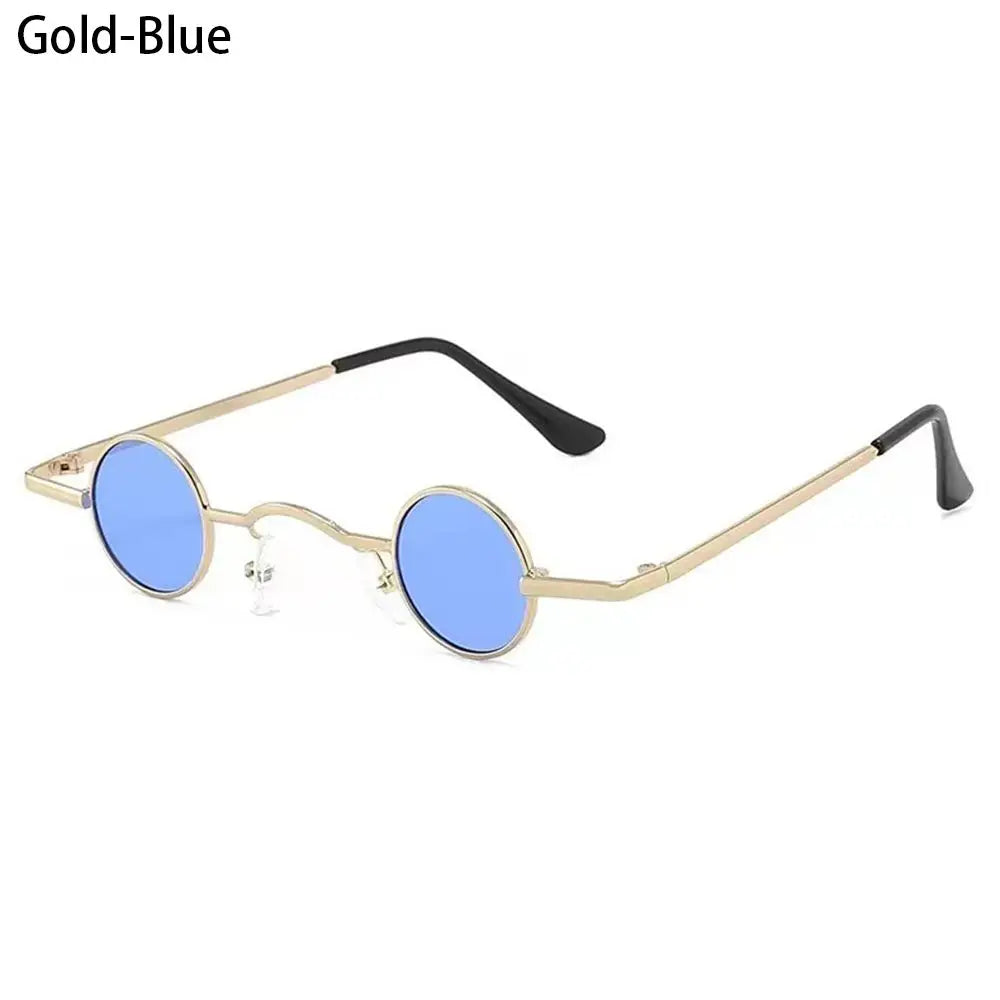 Gold-framed Candy Round Metal Shades with blue lenses on a white background