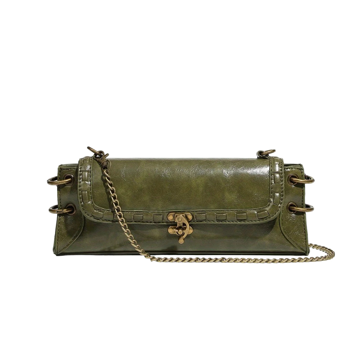 Green handbag with gold chain on a light gray background